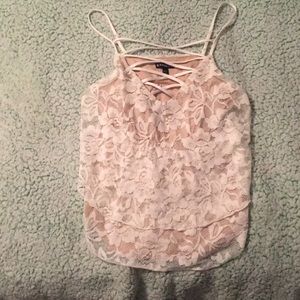 EXPRESS tan tank top under white lace material